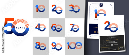 Corporate anniversary number set with modern gradient style. Includes milestone numbers 10th - 100th anniversaries and editable invitation design.