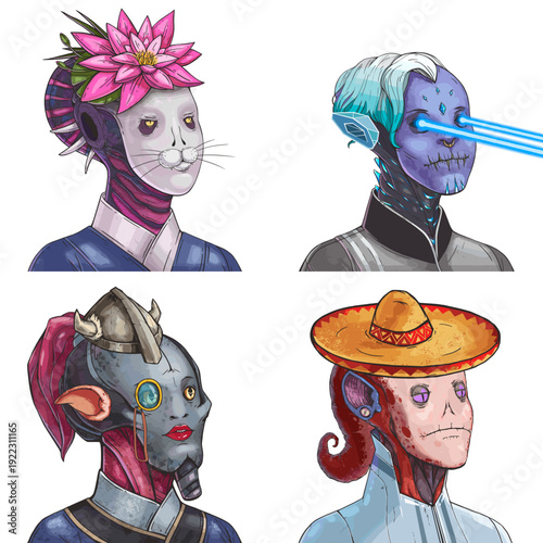 Freaky alien avatar pack of purple masked aristocrat, crystal glowing sorcerer, cybernetic assassin and red tentacled medic vector character design set