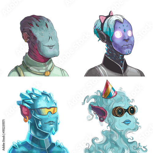 Wacky alien avatar pack of pale multifaceted oracle, crystal glowing sorcerer, frozen golem and ghostly undead phantom vector character design set