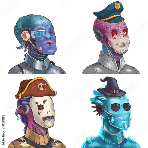 Bizarre alien avatar pack of aquatic navigator, crystal empath, armored cyborg and frozen golem vector cartoon illustration set