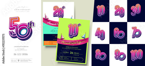 Retro style anniversary number collection with vibrant gradient colors. Includes milestone numbers 10th - 100th anniversaries and editable invitation design.
