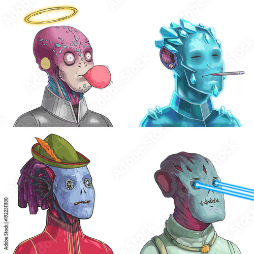 Groovy alien avatar pack of crystal empath, frozen golem, cyberpunk officer and pale multifaceted oracle editable digital character set