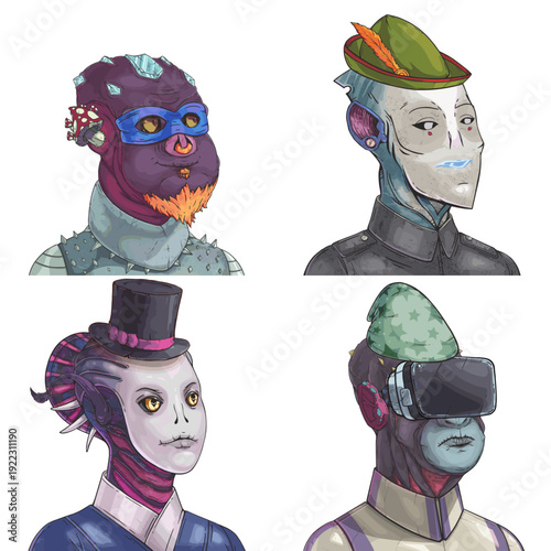 Freaky alien avatar pack of spiked punk, sleek spy, masked aristocrat and gorilla soldier editable digital character set