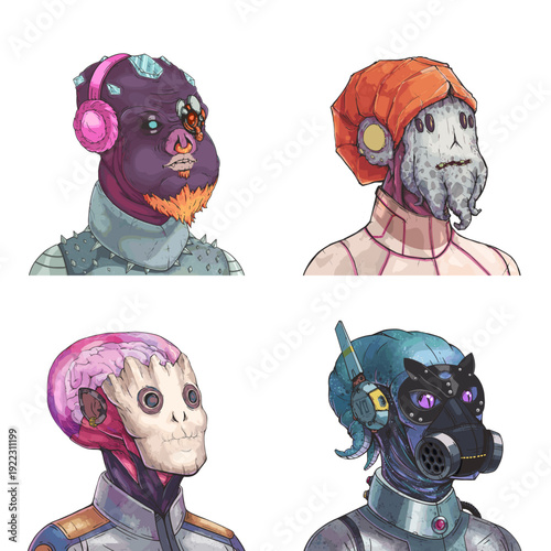 Wacky alien avatar pack of spiked punk, spotted squid, big-brained psychic and aquatic navigator vector character design set