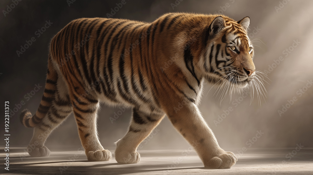 Obraz premium Tiger stalking through a smoky space, illuminated by vivid lights. Perfect for wildlife or dramatic design projects, emphasizing power.