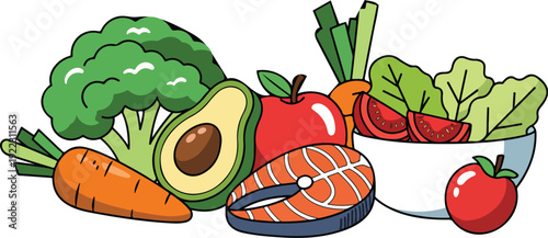 Healthy Whole Foods Outline Icon Set  Salmon, Vegetables, and Fruit