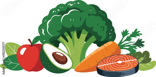 Healthy Whole Foods Outline Icon Set  Salmon, Vegetables, and Fruit