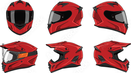 Flat vector illustration set of professional red motorcycle helmet collection with various angles and safety gear designs for biking racing and extreme sports.