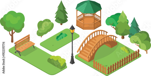 Isometric Park Elements Outline Icon Set  Trees, Gazebo, Bridge, and Bench