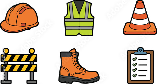 Construction items are arranged showing safety gear, tools, and checklists used for building and roadwork projects