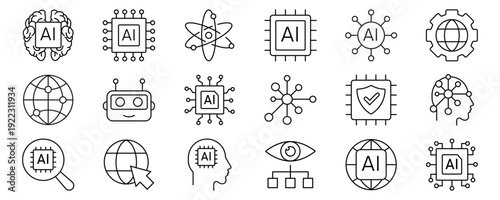 Artificial intelligence icon set. Containing machine learning, data science, AI, virtual assistant, generative AI, technology, Turing test and more. Solid vector icons collection.