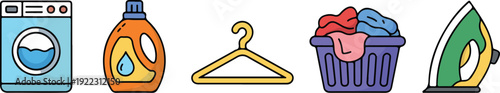 Laundry Essentials Outline Icon Set  Detergent, Clothes, and Washing Tools