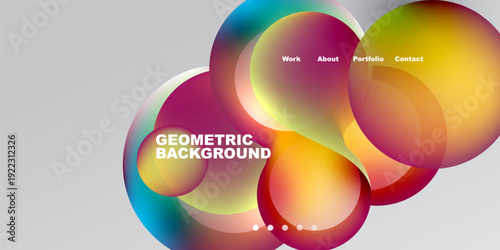 Abstract colorful circles overlap. Text includes work, about, portfolio, contact. Geometric background design appears prominent.