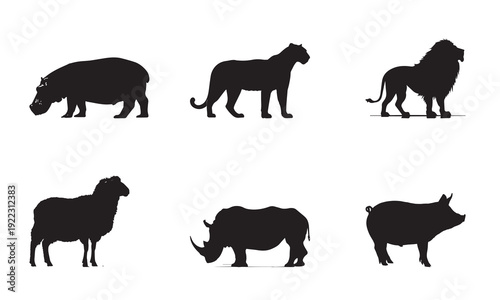 Silhouettes of a hippopotamus, rhinoceros, leopard, lion, sheep, and pig showcasing wildlife diversity, strength, adaptation, predator-prey dynamics, and natural habitats.