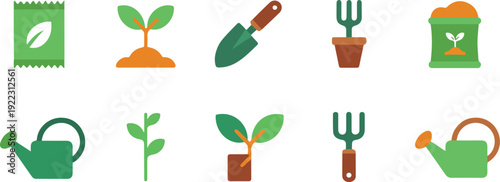 Home Gardening Essentials Outline Icon Set  Tools and Young Sprouts