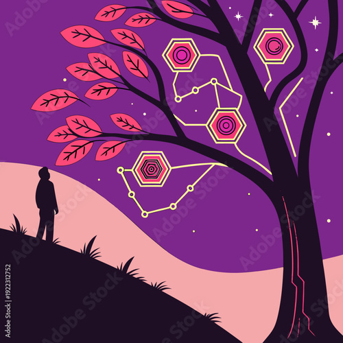 Person standing under a tree with constellation and hexagon design