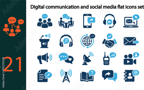 Digital communication and social media flat icons set, online messaging marketing support vector illustration isolated on white background