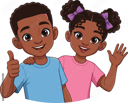 Cartoon vector illustration of a happy African American boy giving a thumbs up and a girl waving her hand isolated on white background