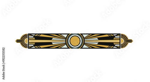Art Deco inspired horizontal bar design with sunburst motif.