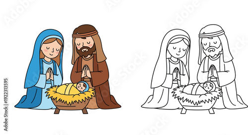 Cute Holy Family Christmas Nativity Scene Cartoon Illustration with Colored and Outline Coloring Book Page
