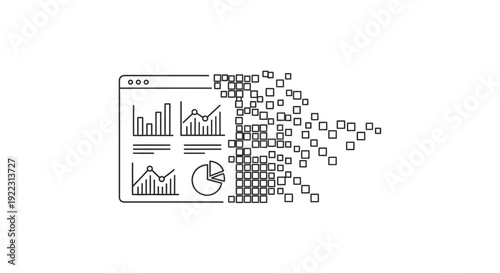 Data analysis dashboard disintegrating into digital pixels.