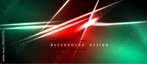 Neon lines create abstract background. Vibrant green, red hues dominate dark space. Modern design element for digital projects.