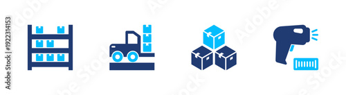 Warehouse operation icon set. storage, logistics, forklift, inventory, packaging. solid style icon collection.