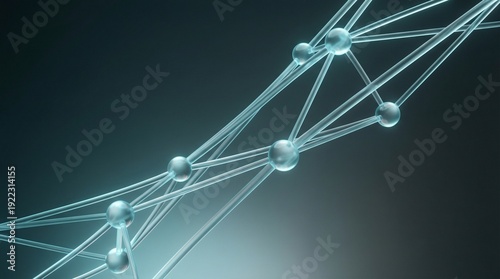 Glass network flow with interconnected spheres on dark background, Concept of Glasscore  