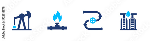 Oil gas industry icon set. drilling, refinery, pipeline, energy, petroleum. solid style icon collection.