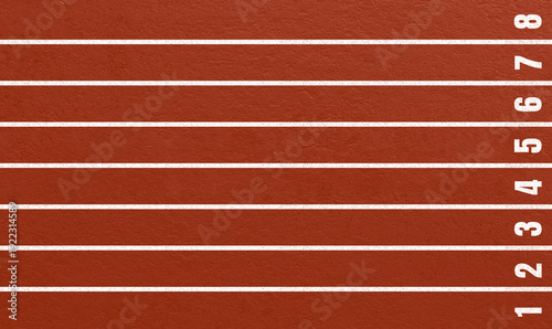 Top view running track with numbered lanes and clean white markings on red rubber surface, suitable for athletics themes, sport visuals, race concepts, training materials and fitness design projects.