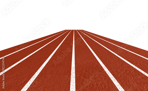 Red running track in deep perspective with white lane lines