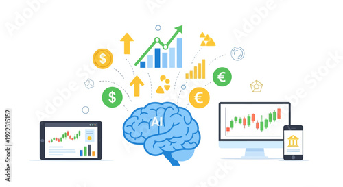AI Financial Strategy and Trading Algorithm Concept. Artificial Intelligence Brain Analyzing Stock Market Data for Investment Growth and Profit.