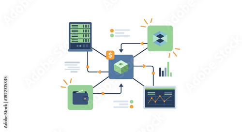 Decentralized Finance (DeFi) Network Architecture Illustration. Data Flow, Wallet, Server, and Analytics Integration Diagram for Blockchain Technology.