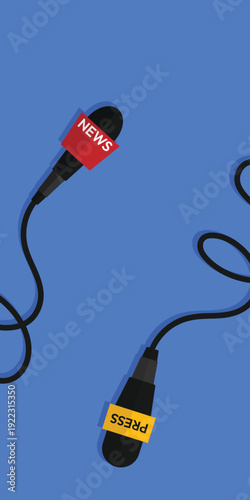 Background microphone for news and press. Microphone with cable. Line cable. Media and television