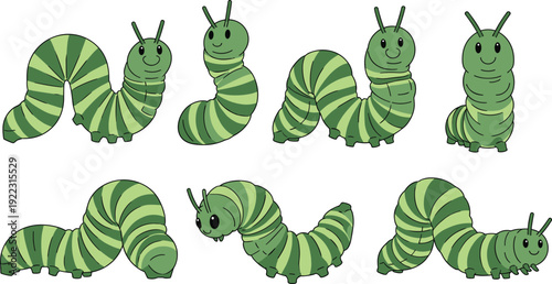 Flat vector illustration set of cute green caterpillar character collection with various poses and smiling faces for nature garden and children educational concept.