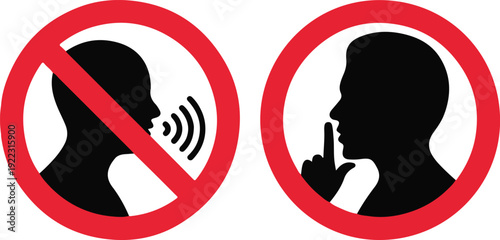 silent please sign. Crossed person talking, Shhh icon in circle