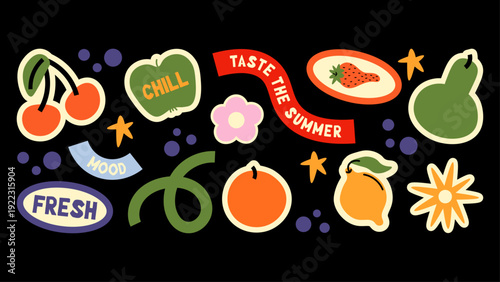 Retro Y2K doodle stickers and patches. Playful grunge labels, funky tags and stamps inspired by 90s street and hipster culture. Trendy vector pack.