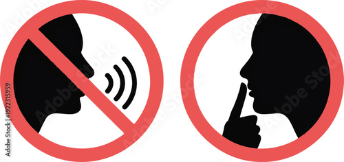 silent please sign. Crossed person talking, Shhh icon in circle