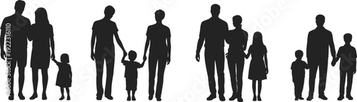 Family silhouettes illustration with diverse parents and children, unity, bonds, family structure concept, black and white artwork design