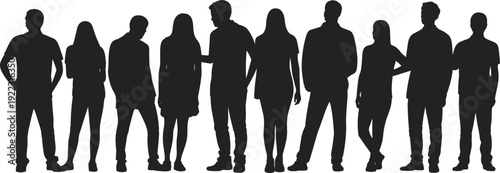 Group silhouettes illustration with diverse standing figures, casual postures, social interaction, diversity concept, black and white artwork design