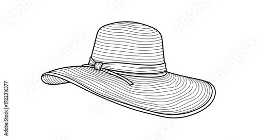 Wide brim sun hat line art in black and white illustration