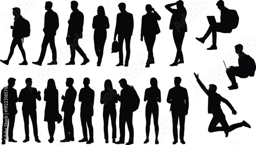 Human activity silhouettes illustration with diverse postures, walking, standing, laptop use, phone call concept, black and white artwork design