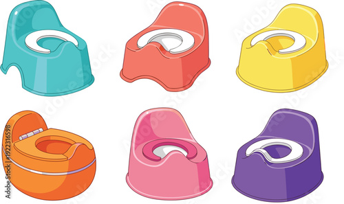 Flat vector illustration set of colorful baby potty training chairs including plastic toddler toilet seats in various colors for hygiene and childcare equipment concept.