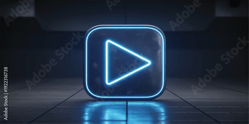 Glowing blue play button icon on dark tiled floor background  modern technology symbol