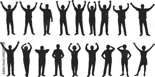 Human gesture silhouettes illustration with diverse poses, expressive body language, celebration, confusion, casual stance concept, black and white artwork design