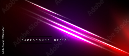 Abstract neon lines over black background. Vibrant purple, red gradients create dynamic visual effect. Modern design element.