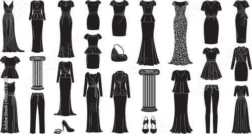 Black silhouettes of elegant women's dresses, evening gowns, formal suits, high heels, handbags, and classic columns for fashion boutique and luxury branding.