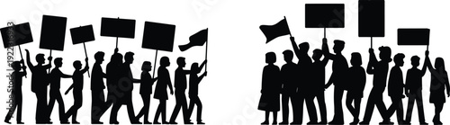 Protest silhouettes illustration with people holding signs, flags, civil movement, social activism concept, black and white artwork design