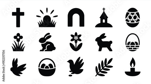 Easter celebration silhouette bundle with religious and festive icons including cross bunny egg and church for holiday designs and decorations