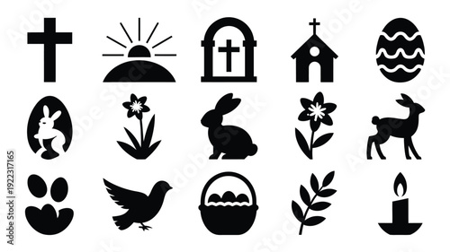 Easter celebration silhouette bundle with religious symbols animals and spring flowers on white background